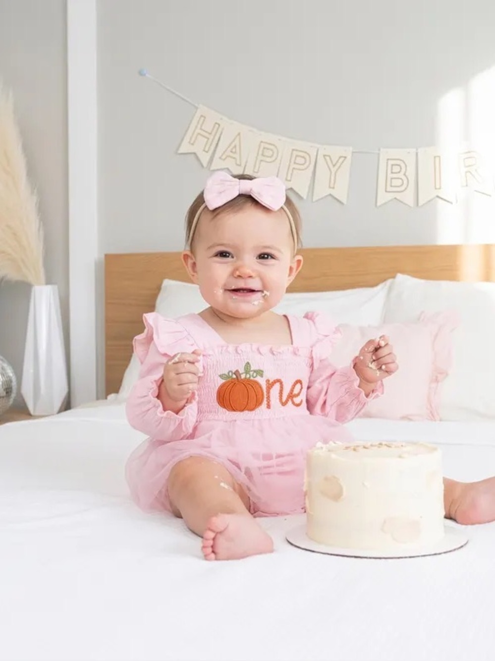 Baby Girls Pink Pumpkin 'One' Smocked One-Piece Romper